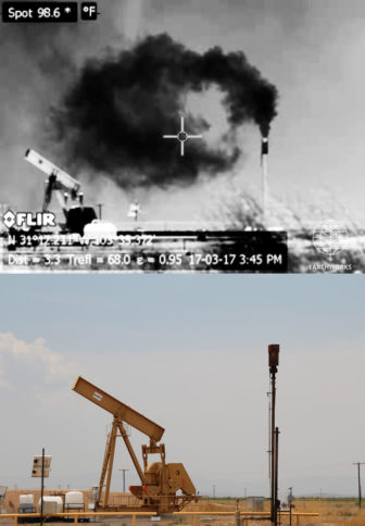 Optical gas imaging picture of pollution above regular still image.