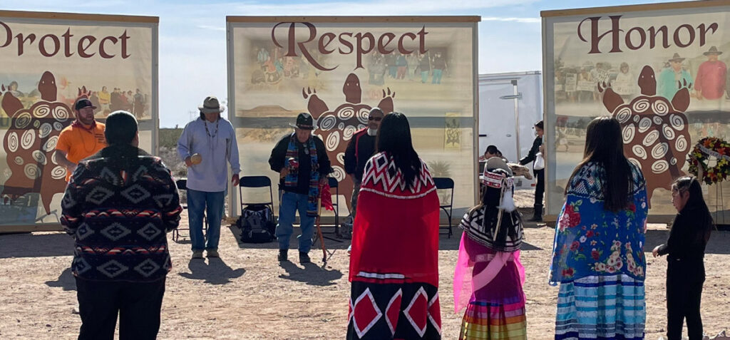 Quechan tribal members sing on the 25th anniversary of stopping a nuclear waste dump on sacred land at Ward Valley, California.