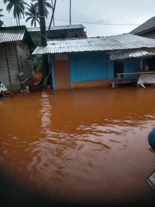 a flooded building surrounded by muddy water