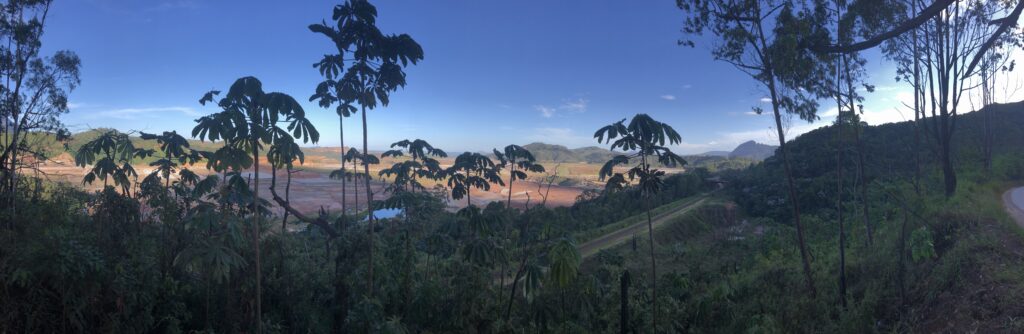 a mine from a distance surrounded by palm trees and mountains